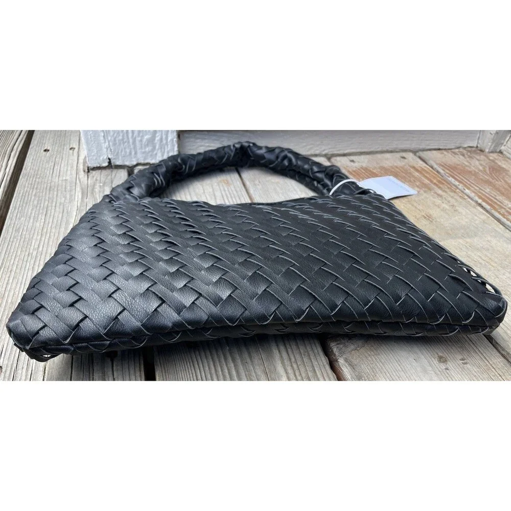 New! Walter Baker Margaux Handbag Black Woven Hobo Bag Vegan Leather