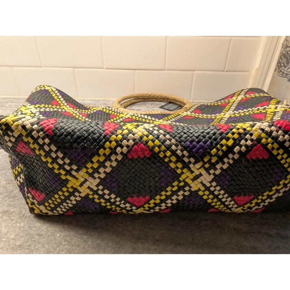 Banago Blue Geometric Olivia Tote Handwoven Palm Leaf Beach Market Bag NWT