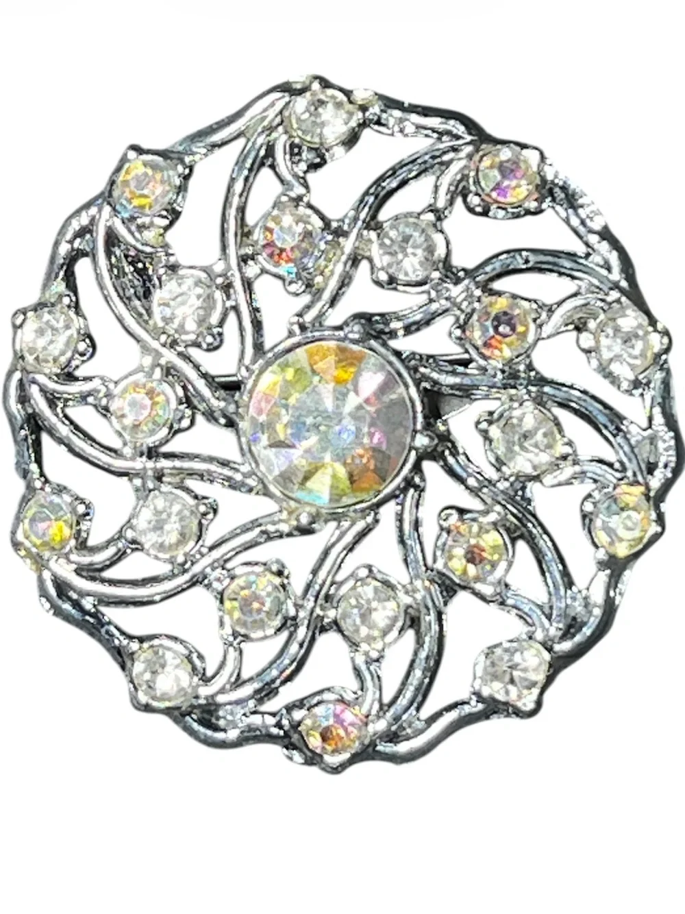 Vintage AB Crystal Rhinestone Silver Filigree Round Brooch