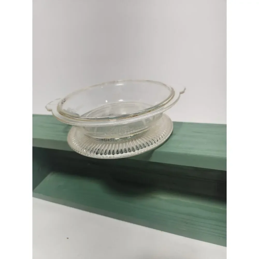 Vintage Clear Pressed Glass Individual Casserole Dish w/ Handles Embossed Floral