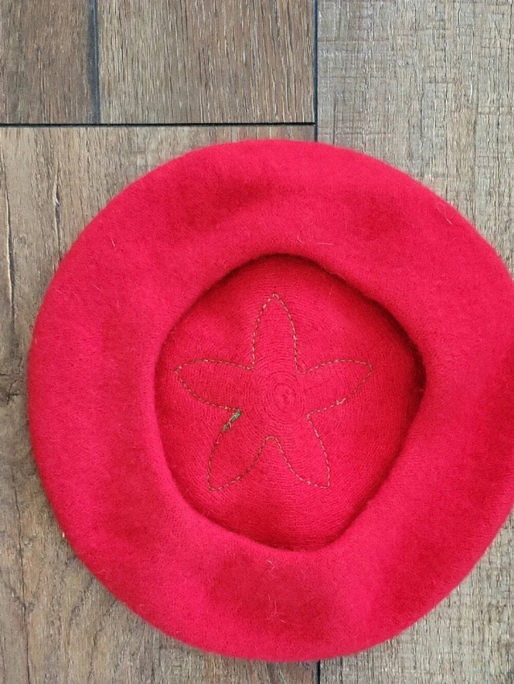 Strawberry Red Felt Beret with Green Leaf Accent
