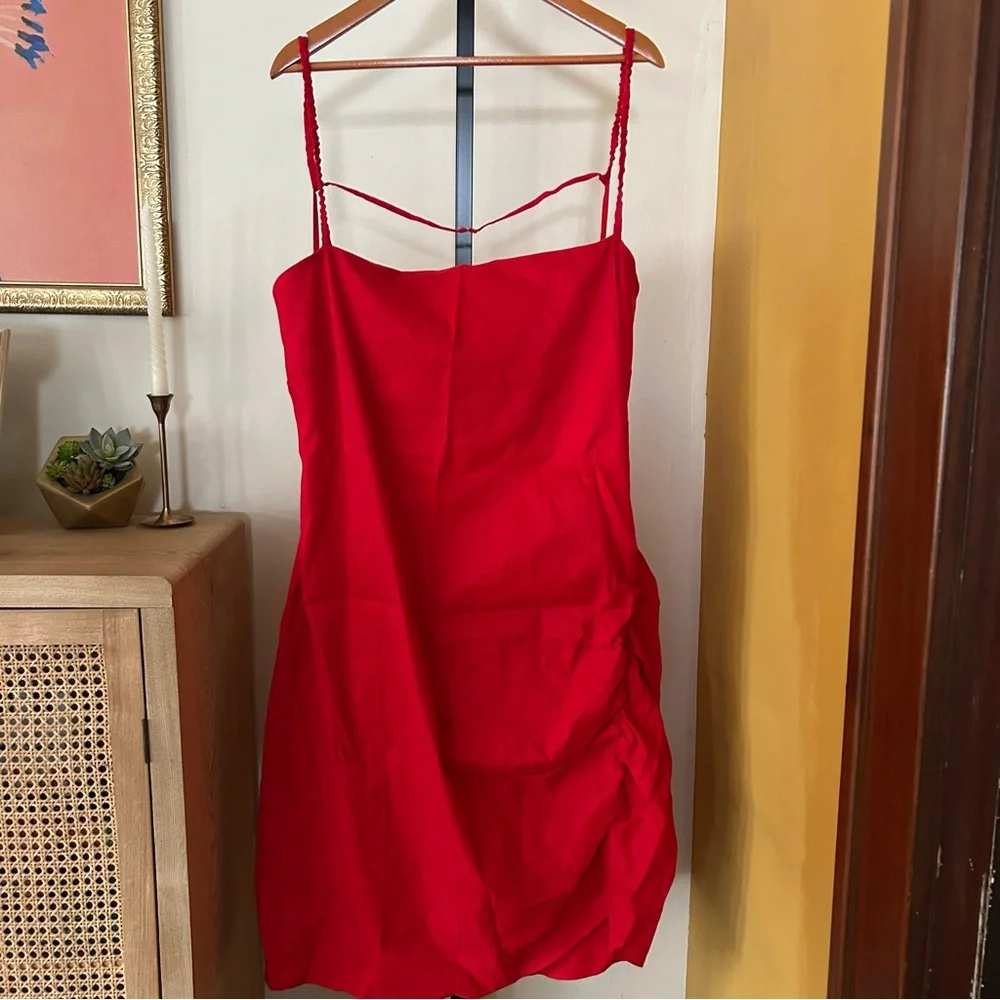 J.Crew Collection Side-Ruched Dress Stretch Linen-Viscose Blend Red Plus Size 24