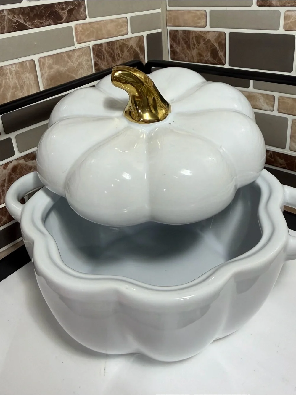 White Ceramic Pumpkin Ramekin Dish with Gold Stem