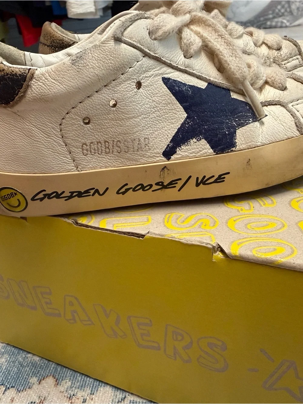 Golden Goose White Leather Sneaker with Navy Star and Cream Details