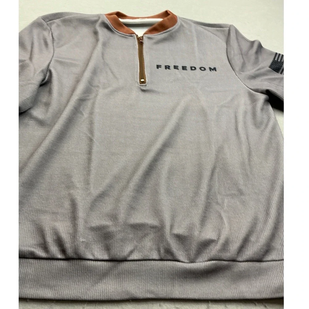 Ribbed Quarter‎ Zip Freedom Graphic Pullover XL Grey Streetwear NWT