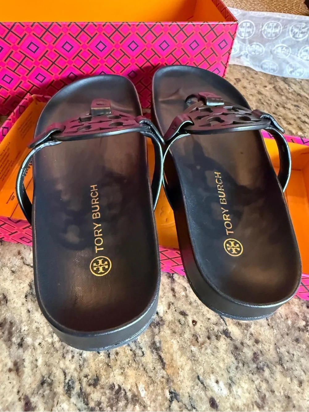 Tory Burch Black Leather Logo Thong Sandals