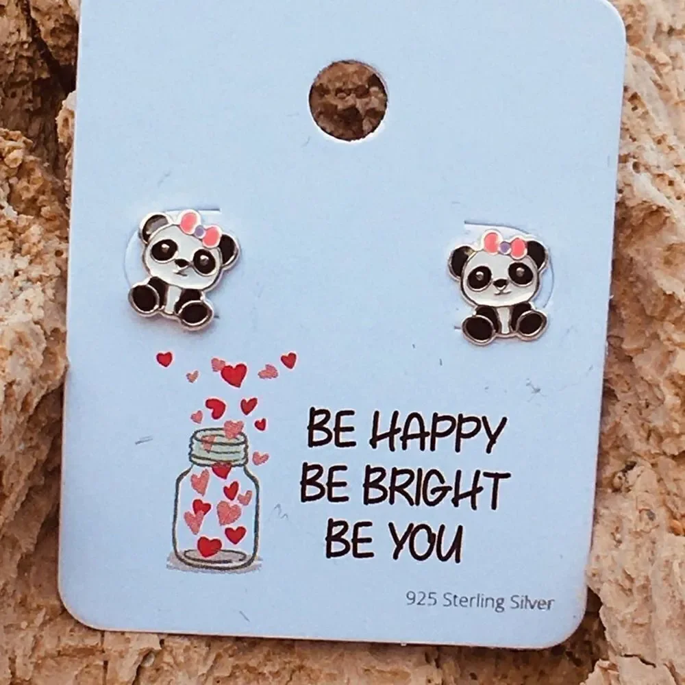 Girls Panda Bear Sterling Silver Earrings