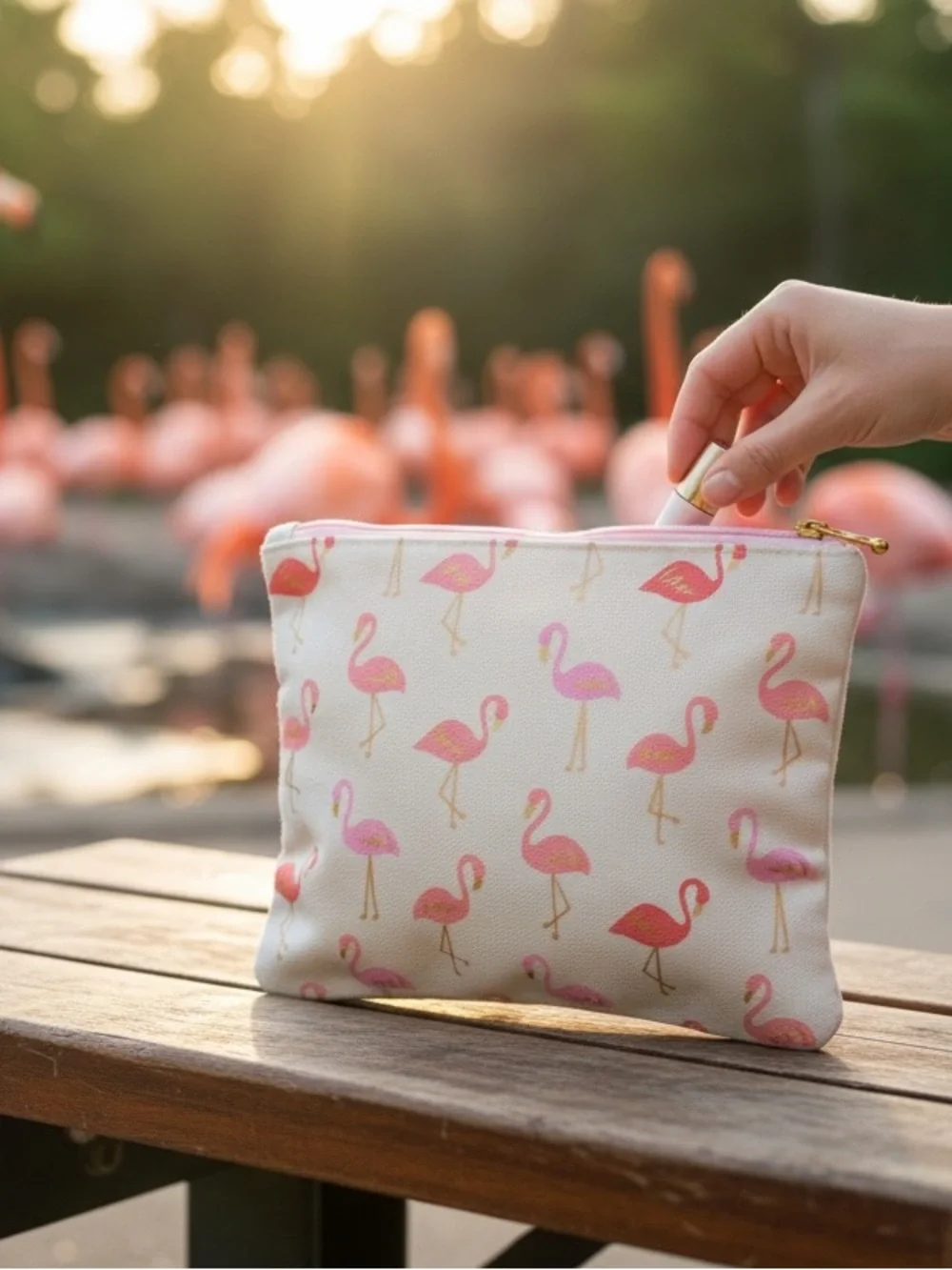 Flamingo Print Cosmetic Bag with Pink Tassel