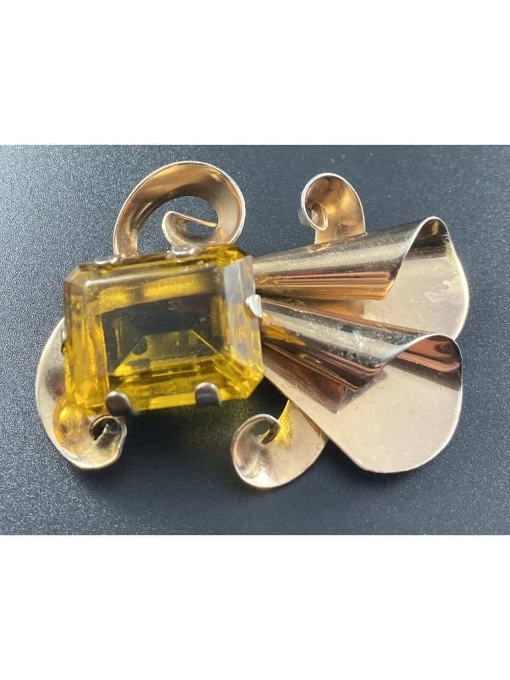 Vintage Sterling Silver Faceted Citrine Glass Brooch Modernist Pronged Pin