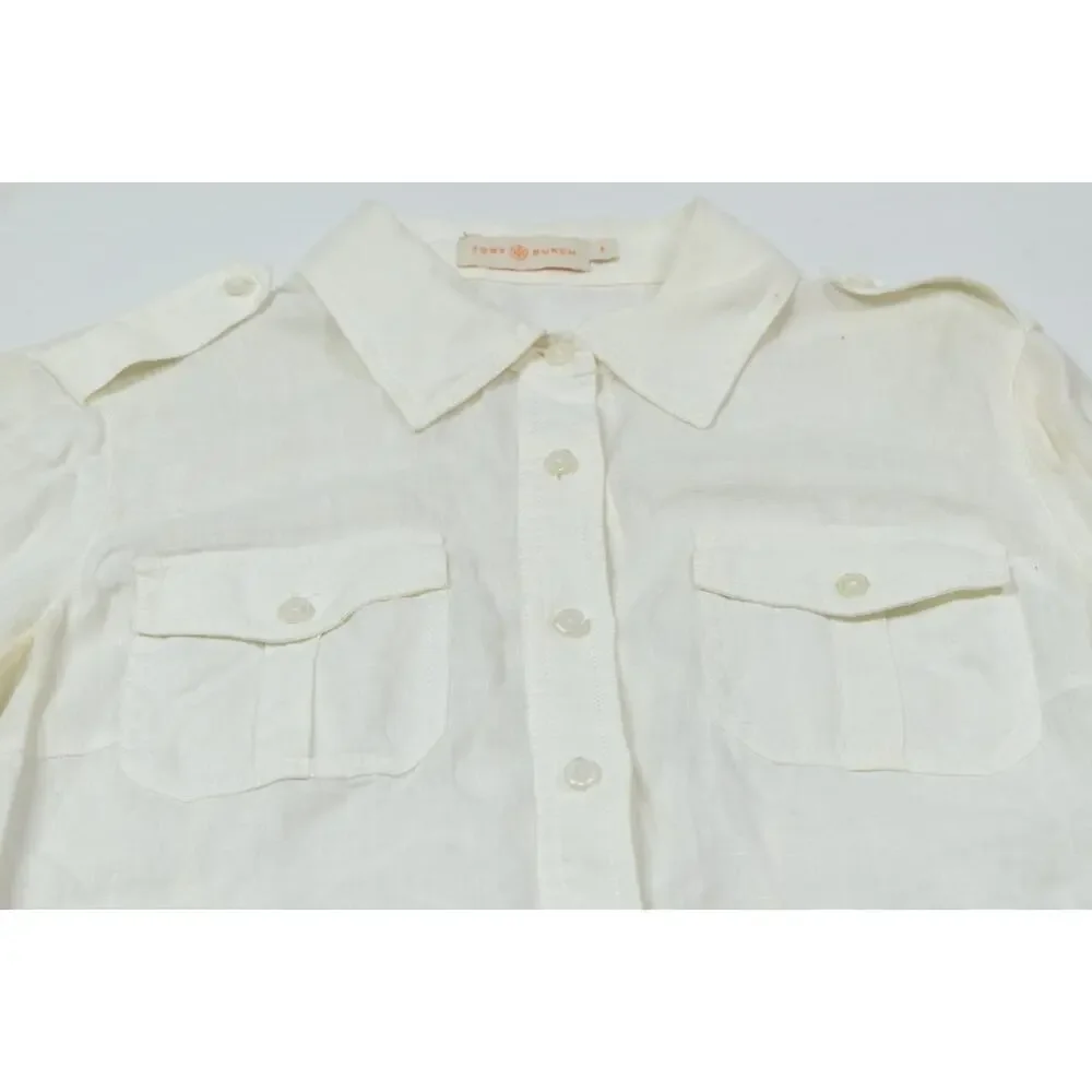 Tory Burch Linen Utility Shirt Womens 6 White Long Sleeve Button-Up Regular Fit