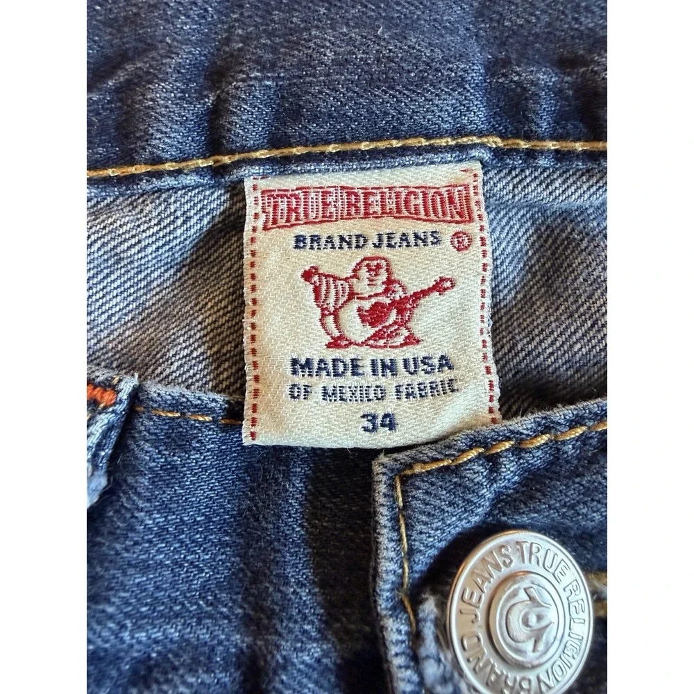 True Religion Jeans Mens Blue Dark Wash Rainbow Billy Straight Whisker Size 34