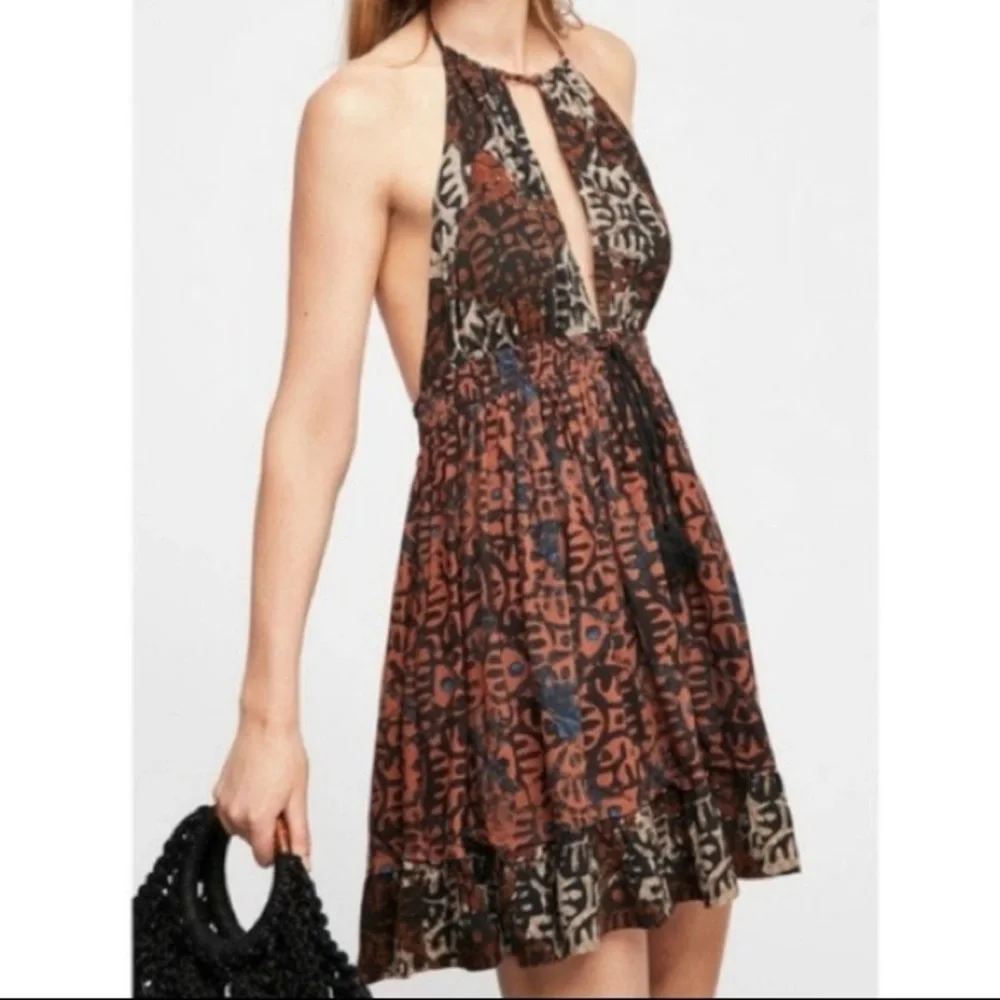 Free People Brown and Black Printed Halter High-Low Dress