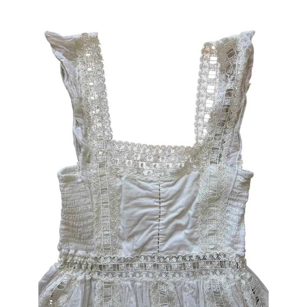 Free People White Raw Hem Fairy Lace Square Neck Mini Dress Cottage Whimsygoth