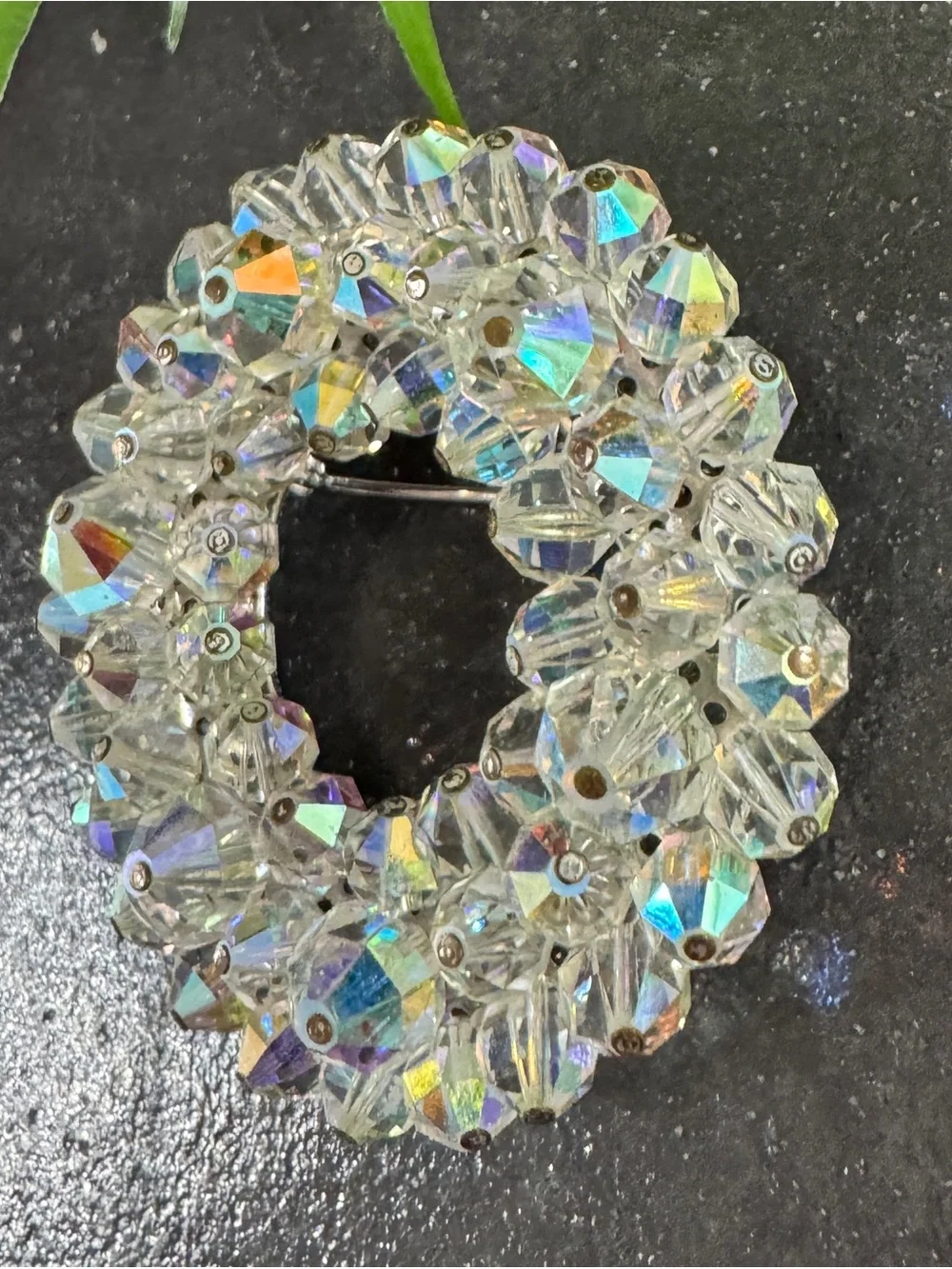 Vintage 50s Retro Aurora Borealis Faceted Crystal Bead Wreath Circle Brooch Pin