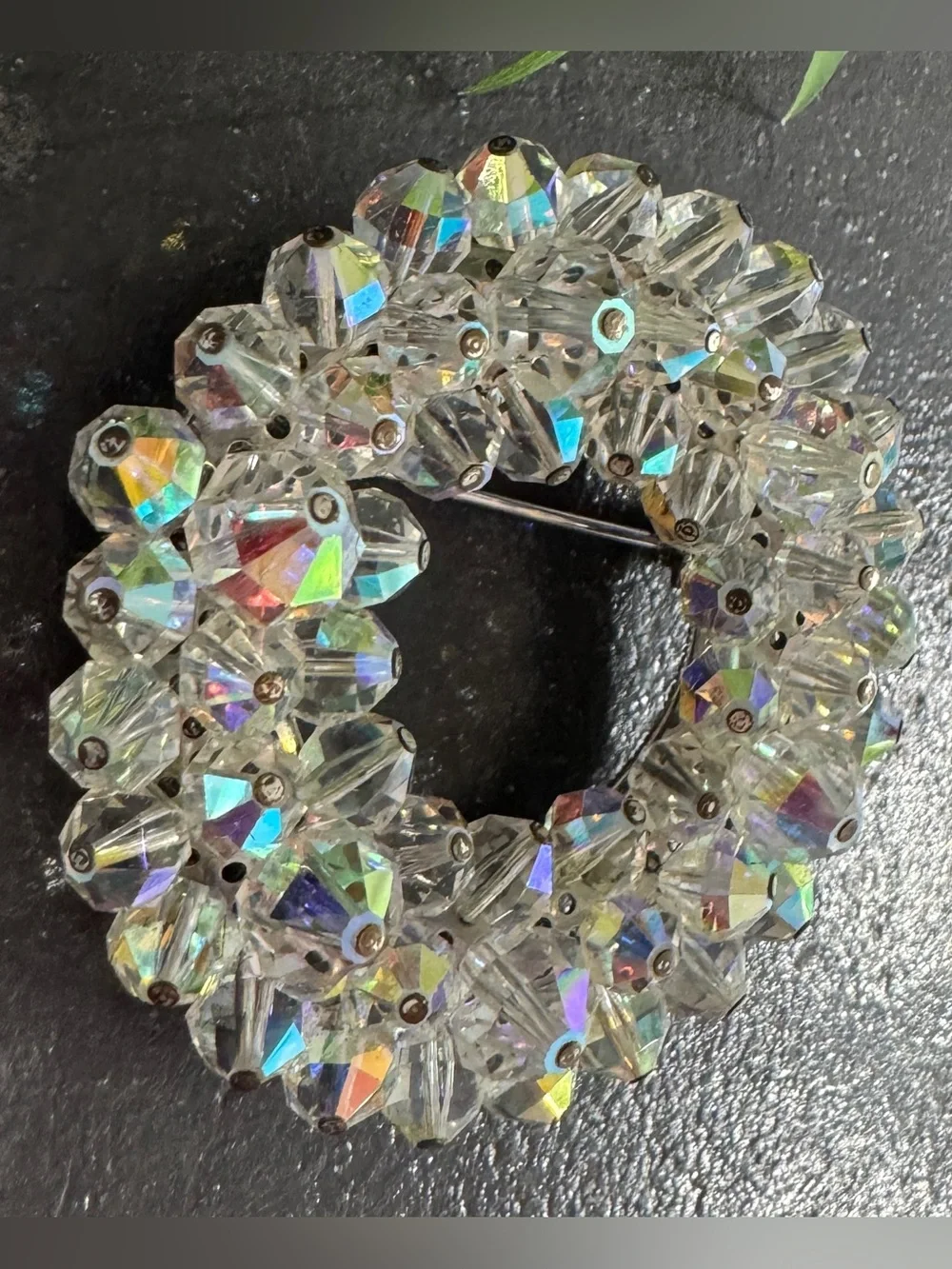 Vintage 50s Retro Aurora Borealis Faceted Crystal Bead Wreath Circle Brooch Pin