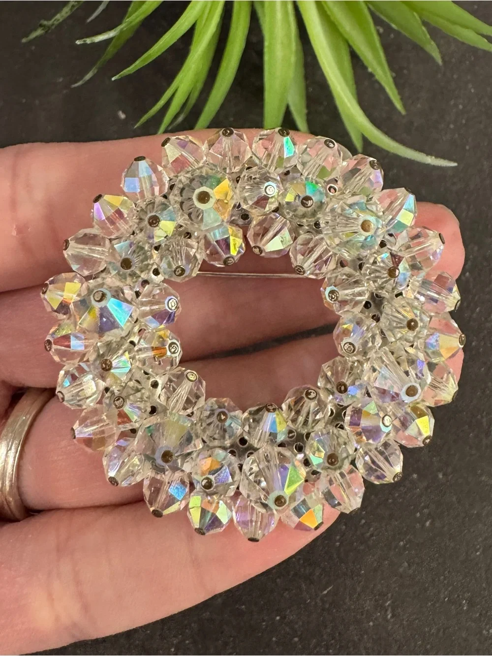 Vintage 50s Retro Aurora Borealis Faceted Crystal Bead Wreath Circle Brooch Pin