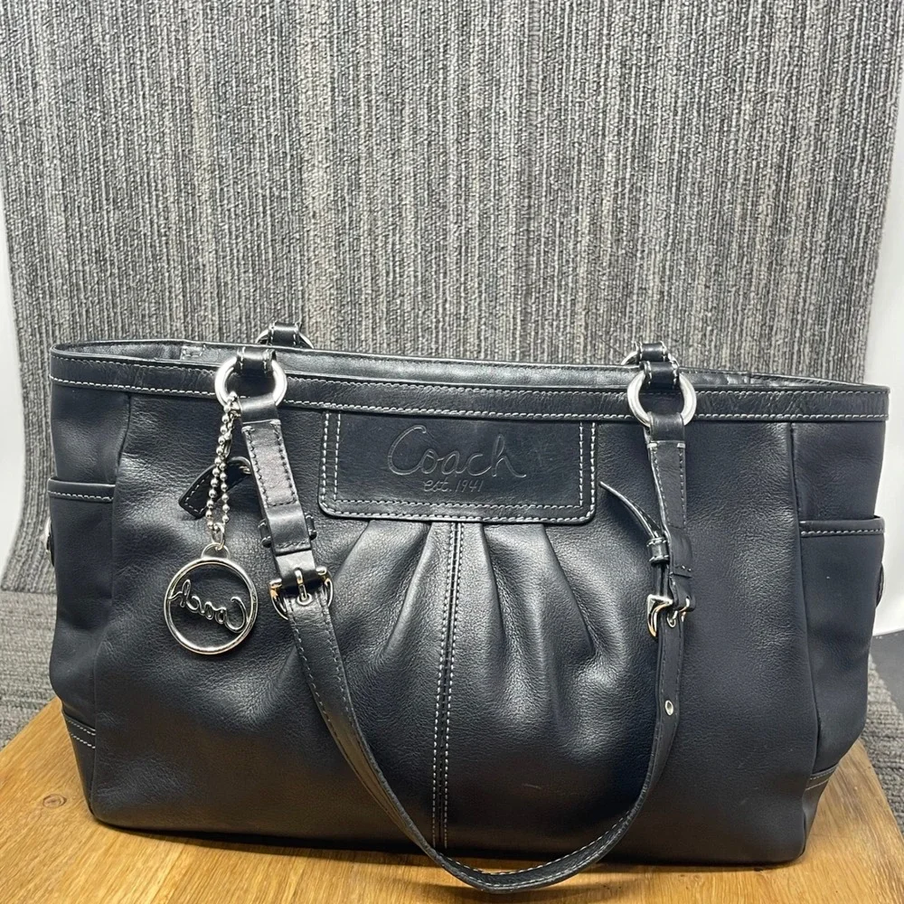 Coach Ashley Pleated Tote‎ Women Large Black Leather Shoulder Handbag F13759 Y2K