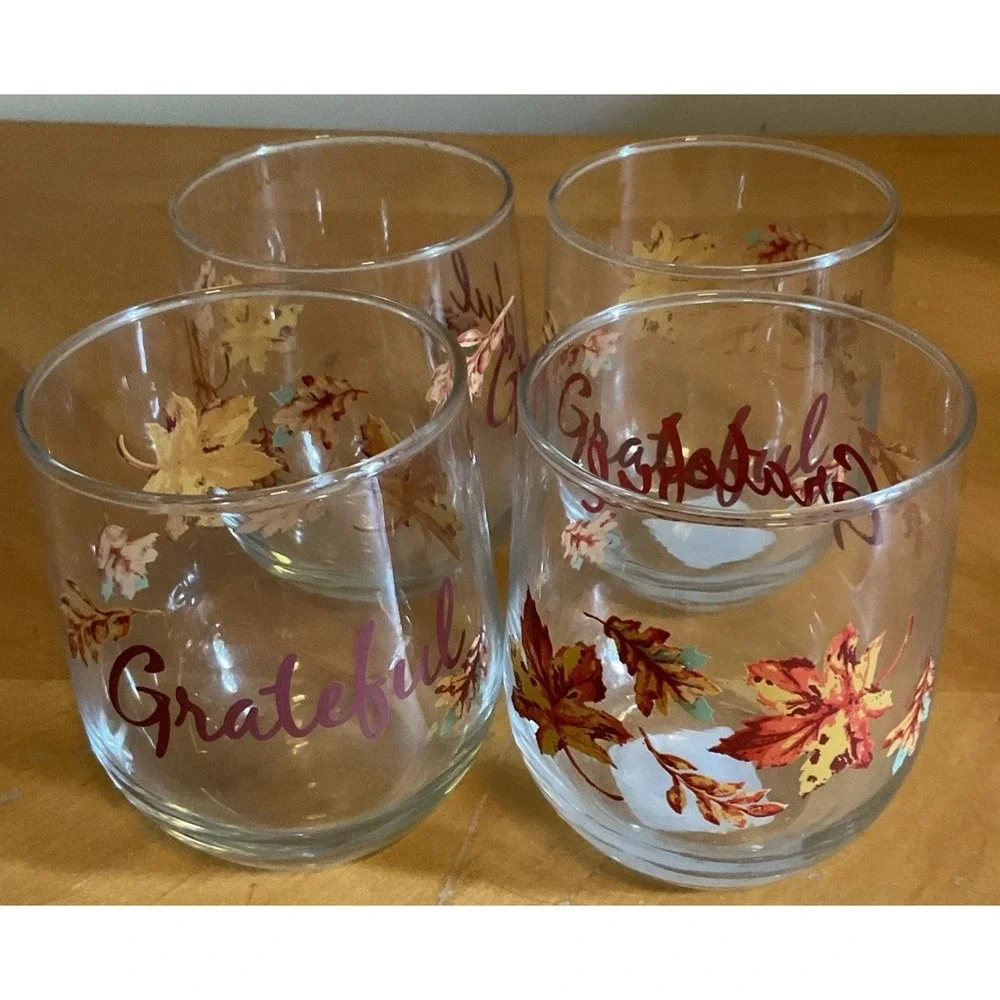 Stemless Wine Glasses Grateful 16.8 Oz‎  Autumn Leaves Beverage , Set Of 4