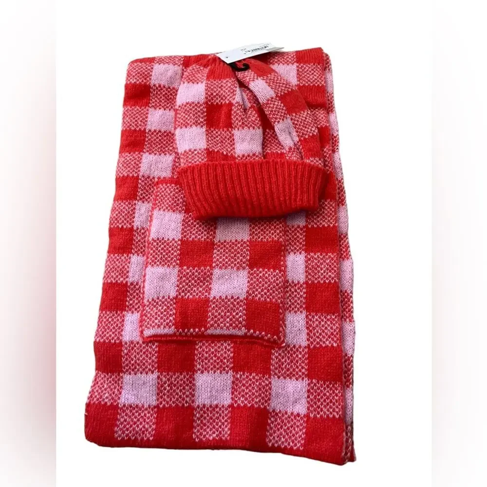 Nordstrom BP.  Red and Pink Checkered Knit Scarf with Pockets/ Beanie Hat Set OS