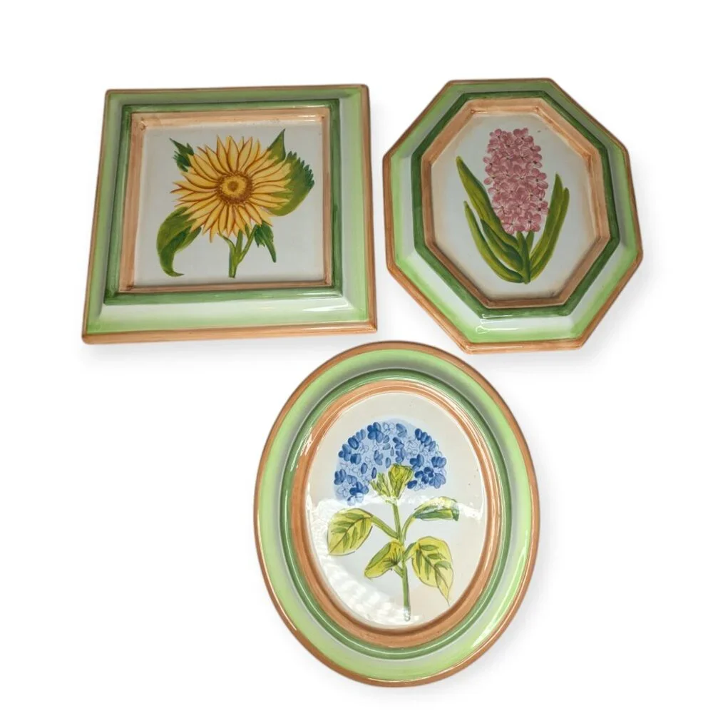 Ceramic Floral Wall Plaques Set of 3 Oval Square & Hexagon