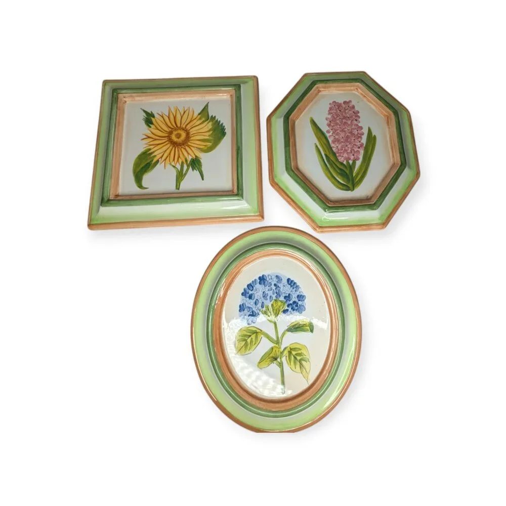 Ceramic Floral Wall Plaques Set of 3 Oval Square & Hexagon
