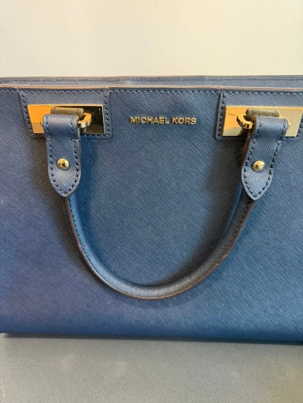Michael Kors Quinn Satchel Navy Blue Saffiano Leather Top Handle Bag Medium