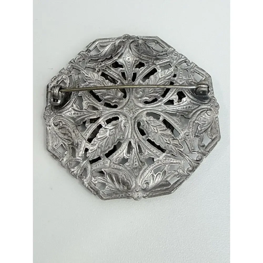 Vintage Art Nouveau Floral Octagon Silver Pewter Tone Brooch