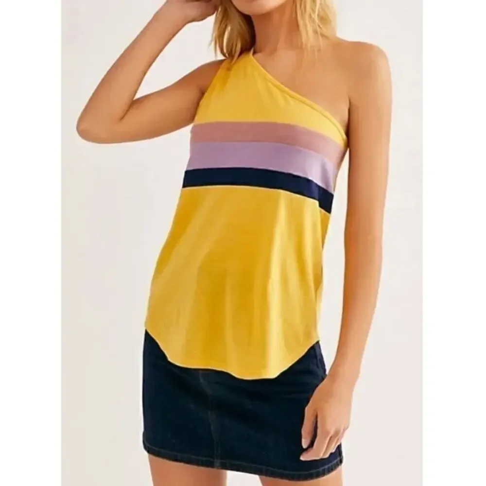 CAMP COLLECTION X FREE PEOPLE One Shoulder Stripe Tee Yellow Tank Women's S
