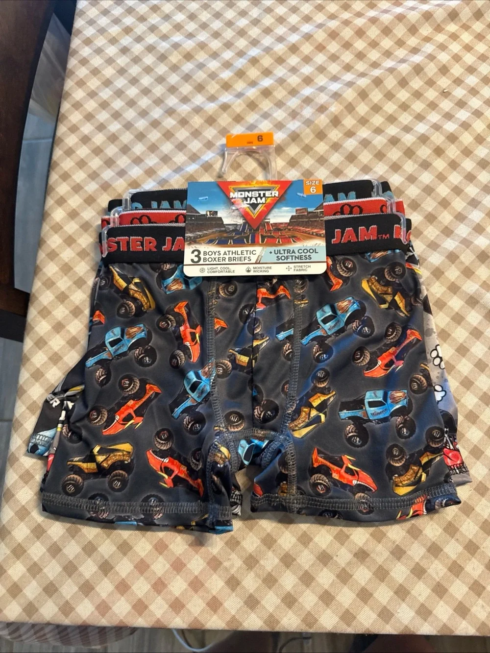 Boys' Athletic Boxer Briefs - Black with Multicolor Monster Trucks, Size 6