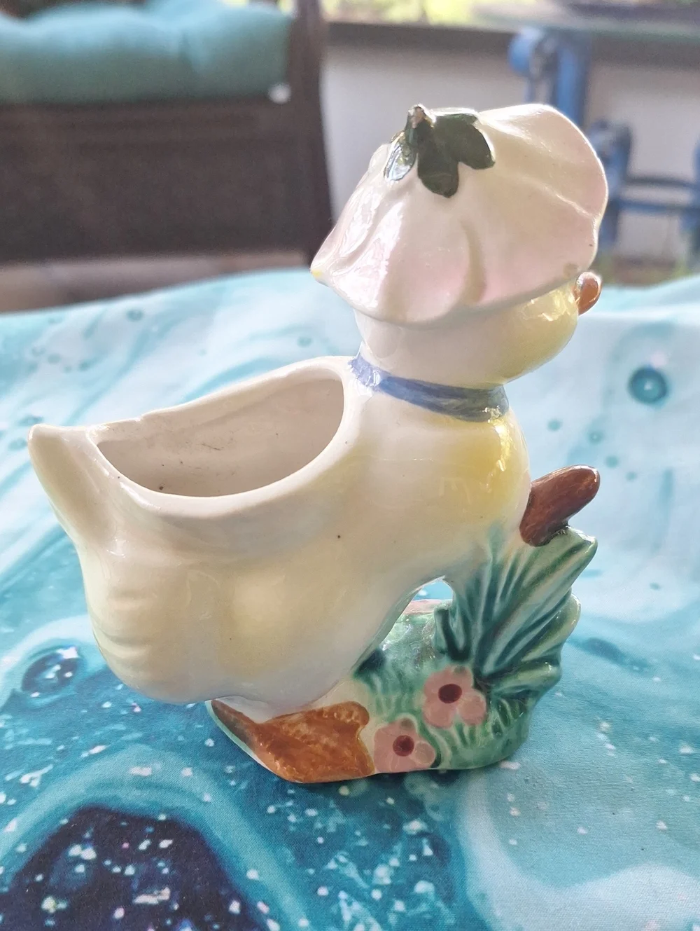 Vintage Yellow Ceramic Duck Planter with Blue Bow Planter/Vase