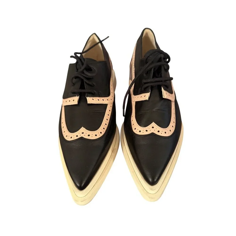 Annaisha Womens Lace-up Shoes Derby Size 38 Black Leather Pointed Toe Spain New