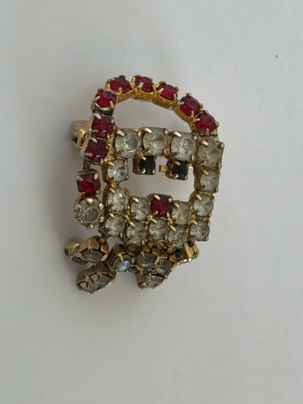 Vintage Santa Brooch Gold-Tone Red and Clear Rhinestone
