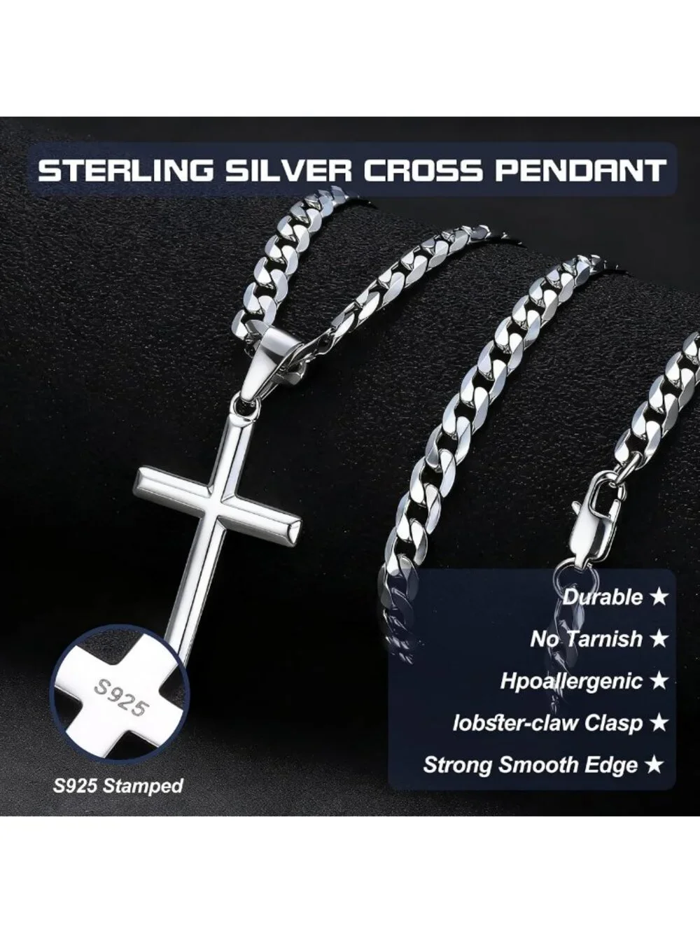 925 Sterling Silver Cross Necklace for Men & Women - Durable Cuban Link Chain