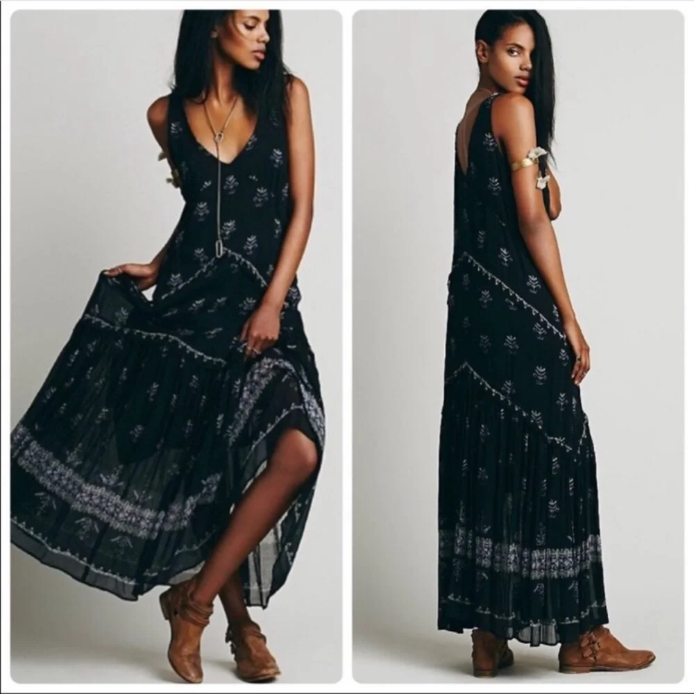 Free People Black Maxi Dress with White Print