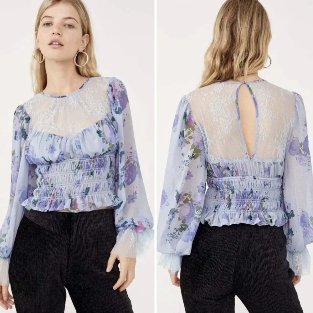 FP Movement by Free People Smock Daphne Floral Lace Ruffled Top NWT 128.00