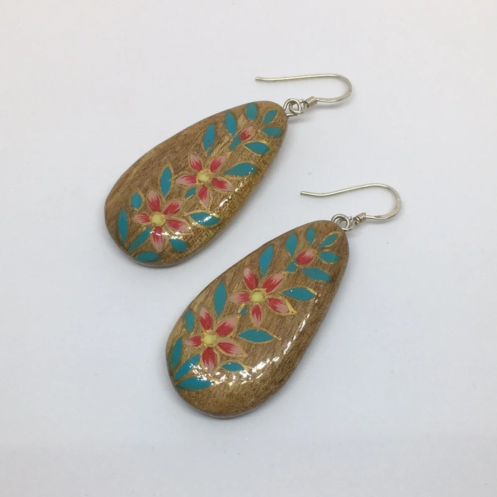Hand Painted Walnut Wood Sterling Silver Teardrop Earrings Turquoise Pink Floral
