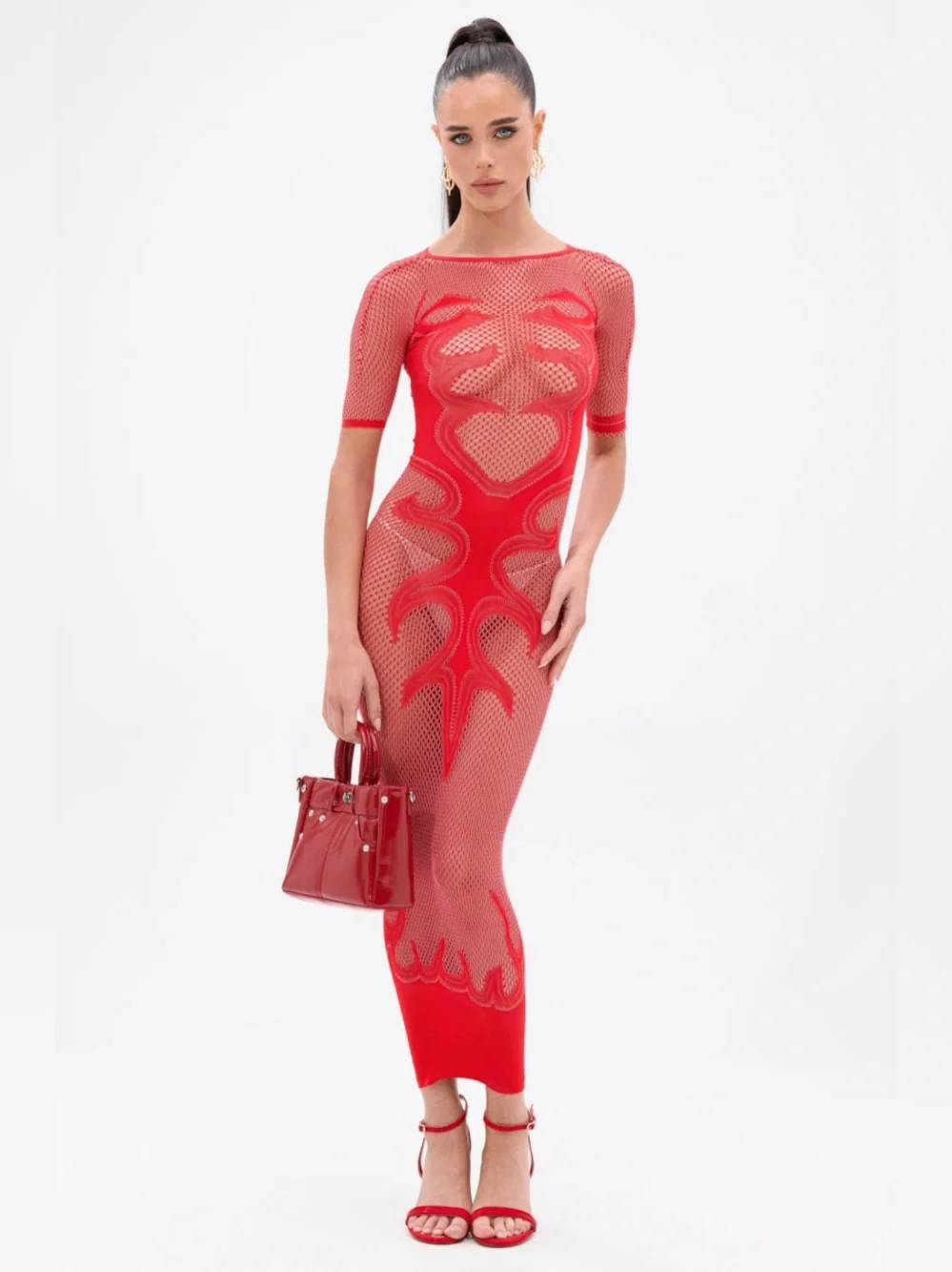 Akira Sexy As Hell Mesh Midi Dress Red Bodycon Cyber Siren Y2K Rave Clubwear S/M