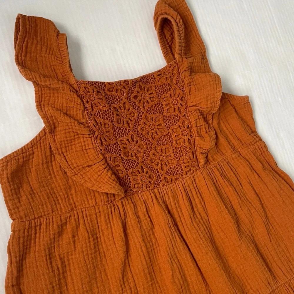 Wonder Nation Girls Terracotta Cotton Dress Ruffles and Crochet Details XL 14/16