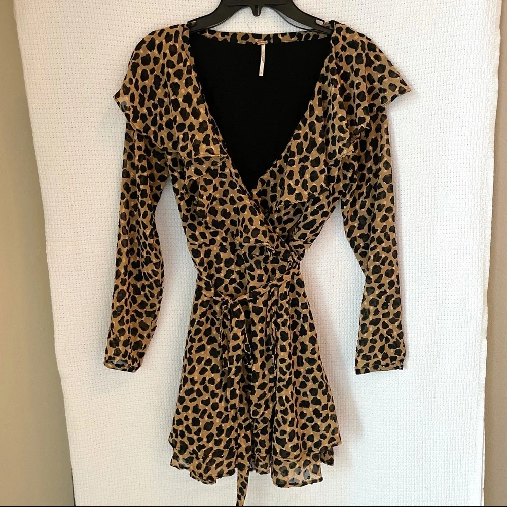 Free People Leopard Long Sleeve Boho Wrap Mini Dress w/ Ruffle V-Neck Collar