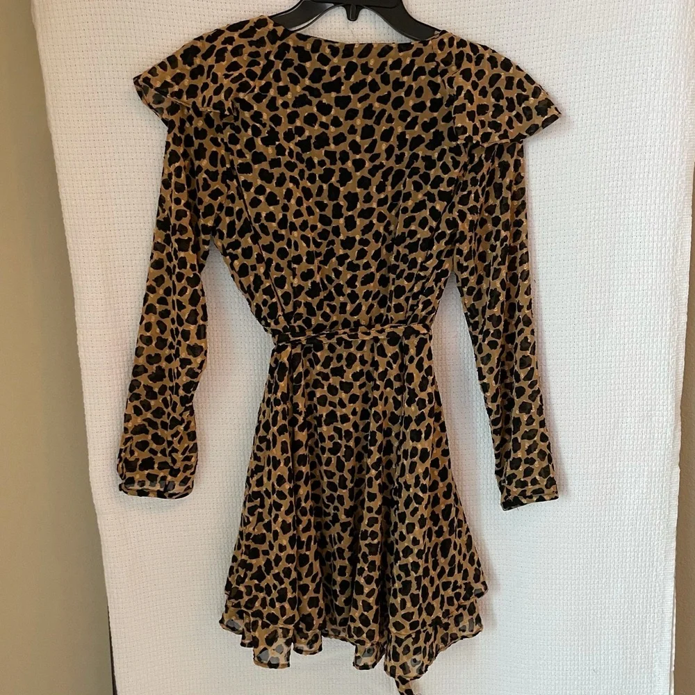Free People Leopard Long Sleeve Boho Wrap Mini Dress w/ Ruffle V-Neck Collar
