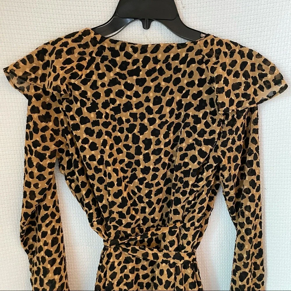 Free People Leopard Long Sleeve Boho Wrap Mini Dress w/ Ruffle V-Neck Collar