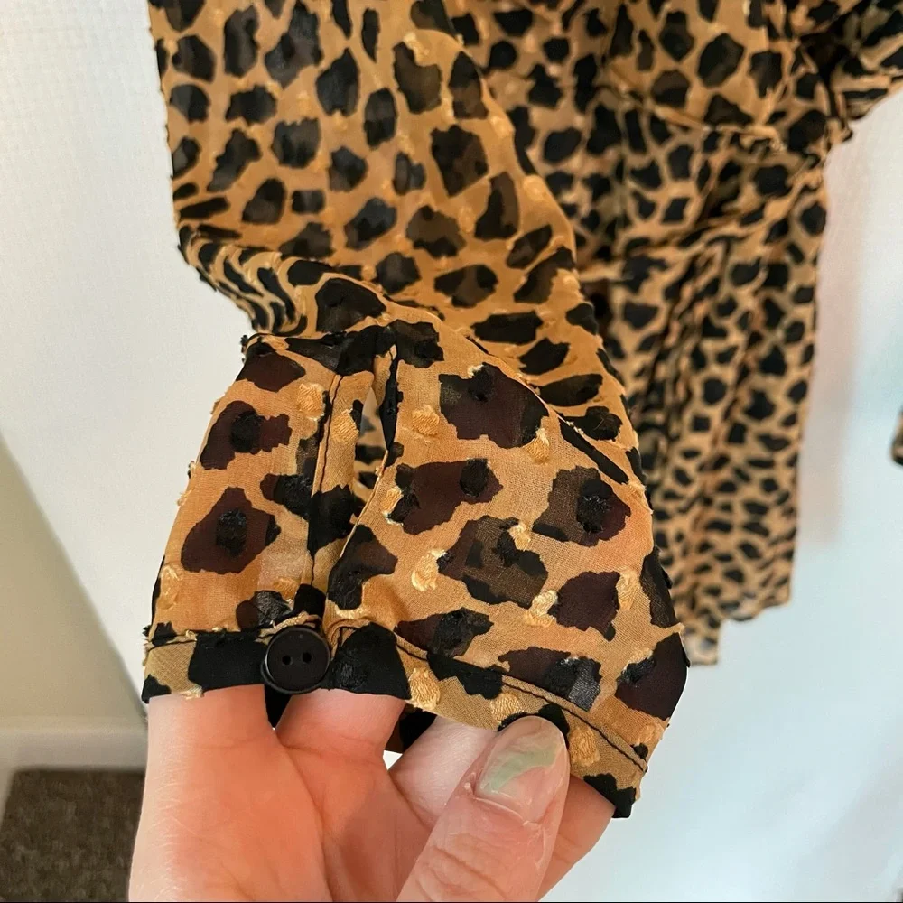 Free People Leopard Long Sleeve Boho Wrap Mini Dress w/ Ruffle V-Neck Collar
