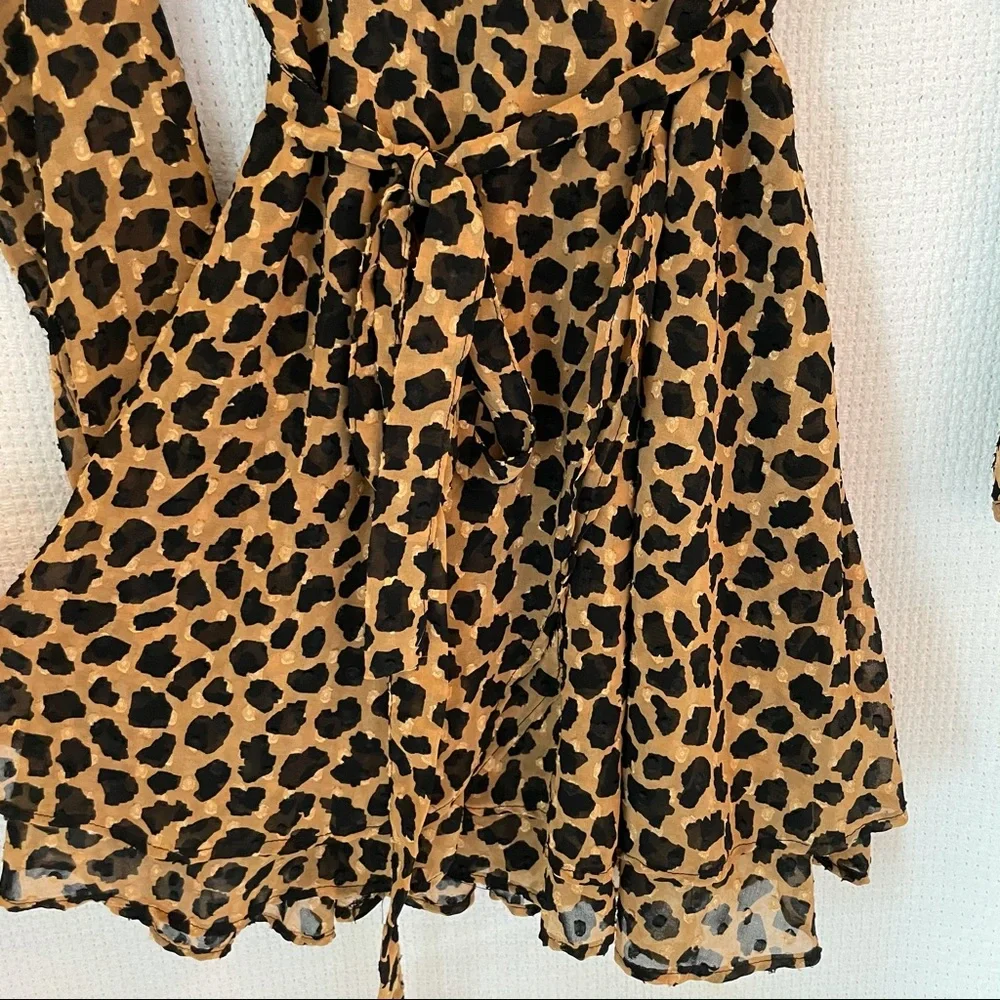 Free People Leopard Long Sleeve Boho Wrap Mini Dress w/ Ruffle V-Neck Collar