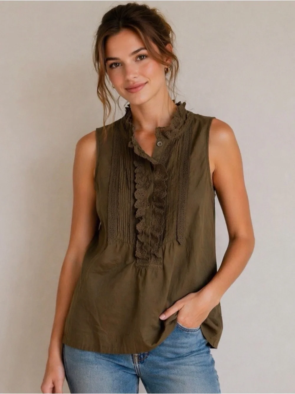 EUC J. Crew Olive Ruffle Blouse