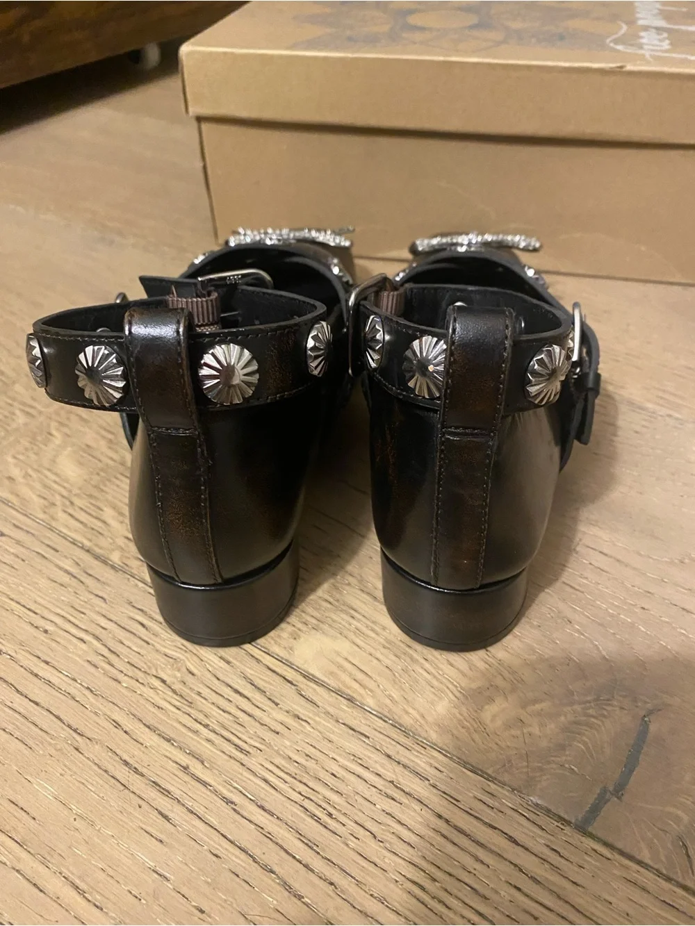 Free People Black Studded Ankle-Strap Flats with Crystal Bow Accents