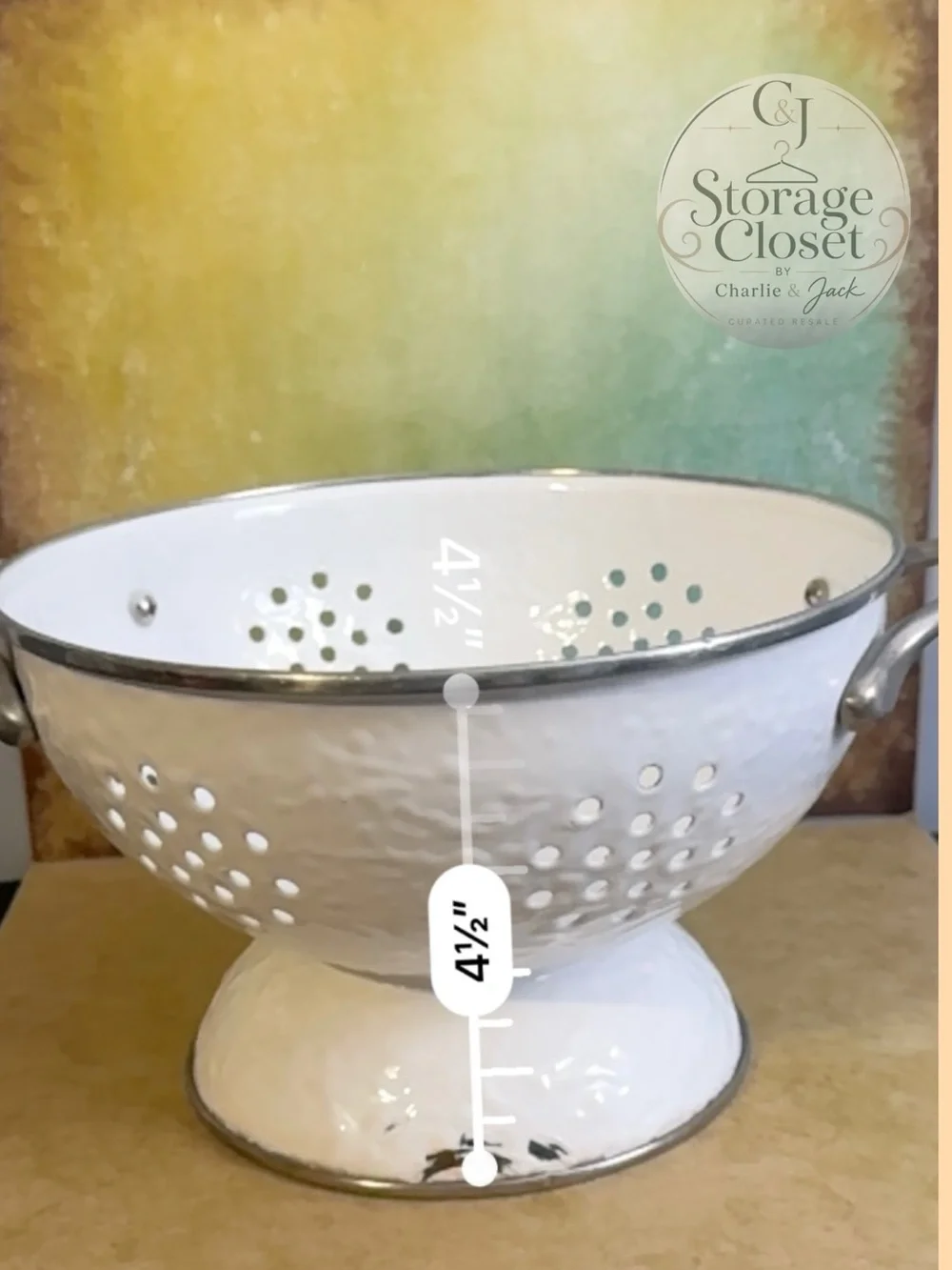 White Enamel Colander with Pedestal and Handles - Rustic Kitchen Strainer