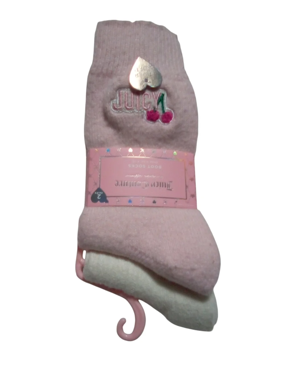 Juicy Couture Super Soft Boot Socks 2 Pair Pack Pink w/ Cherries &  1 Off White