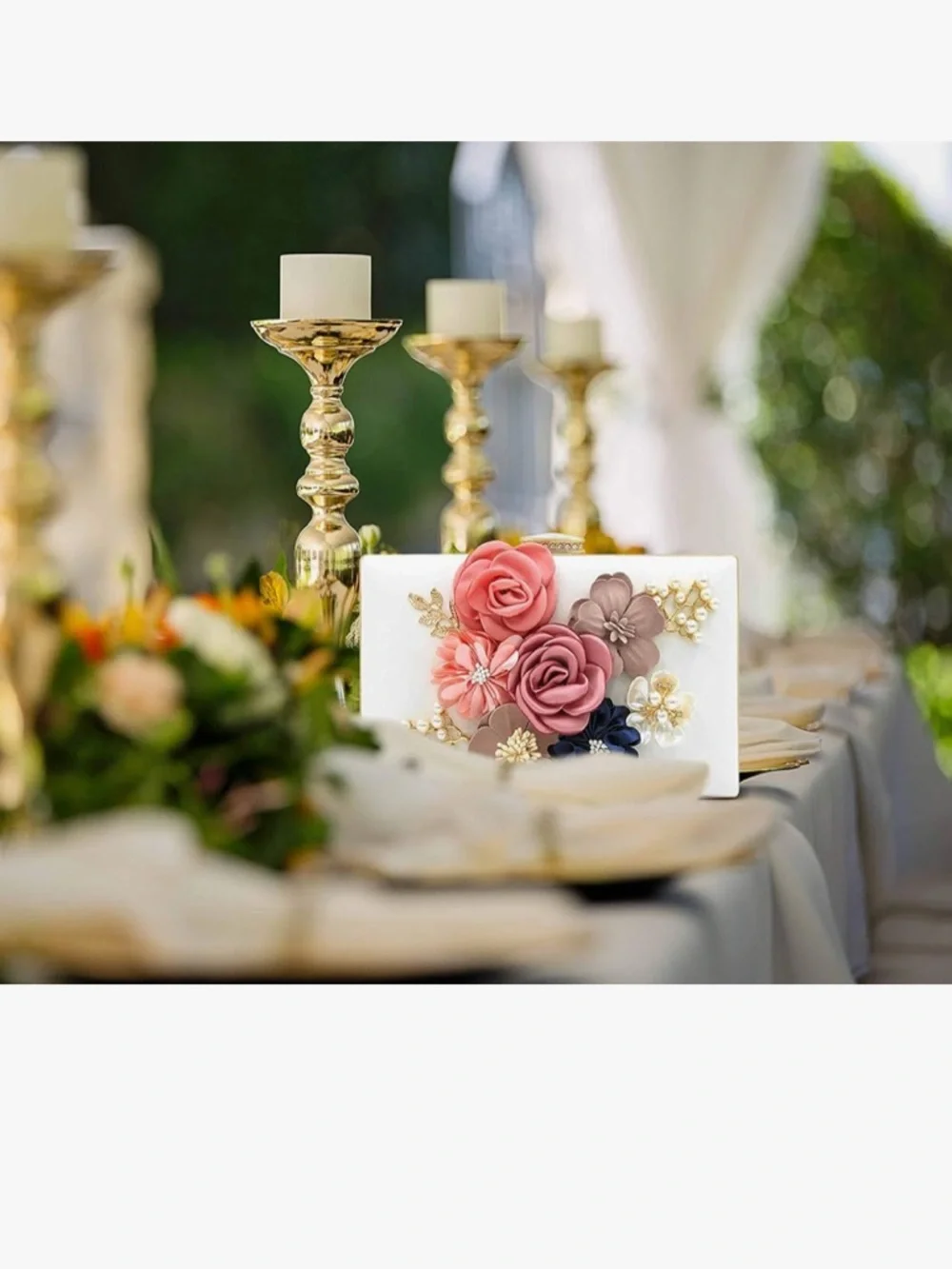 Floral Appliqué Evening Clutch - White with Pink, Mauve & Navy Flowers