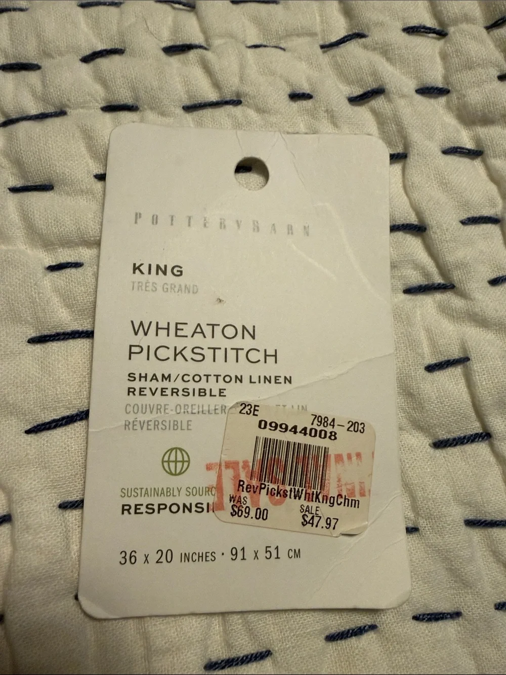 Pottery Barn Wheaton Pickstitch King Sham Reversible Chambray Cotton Linen