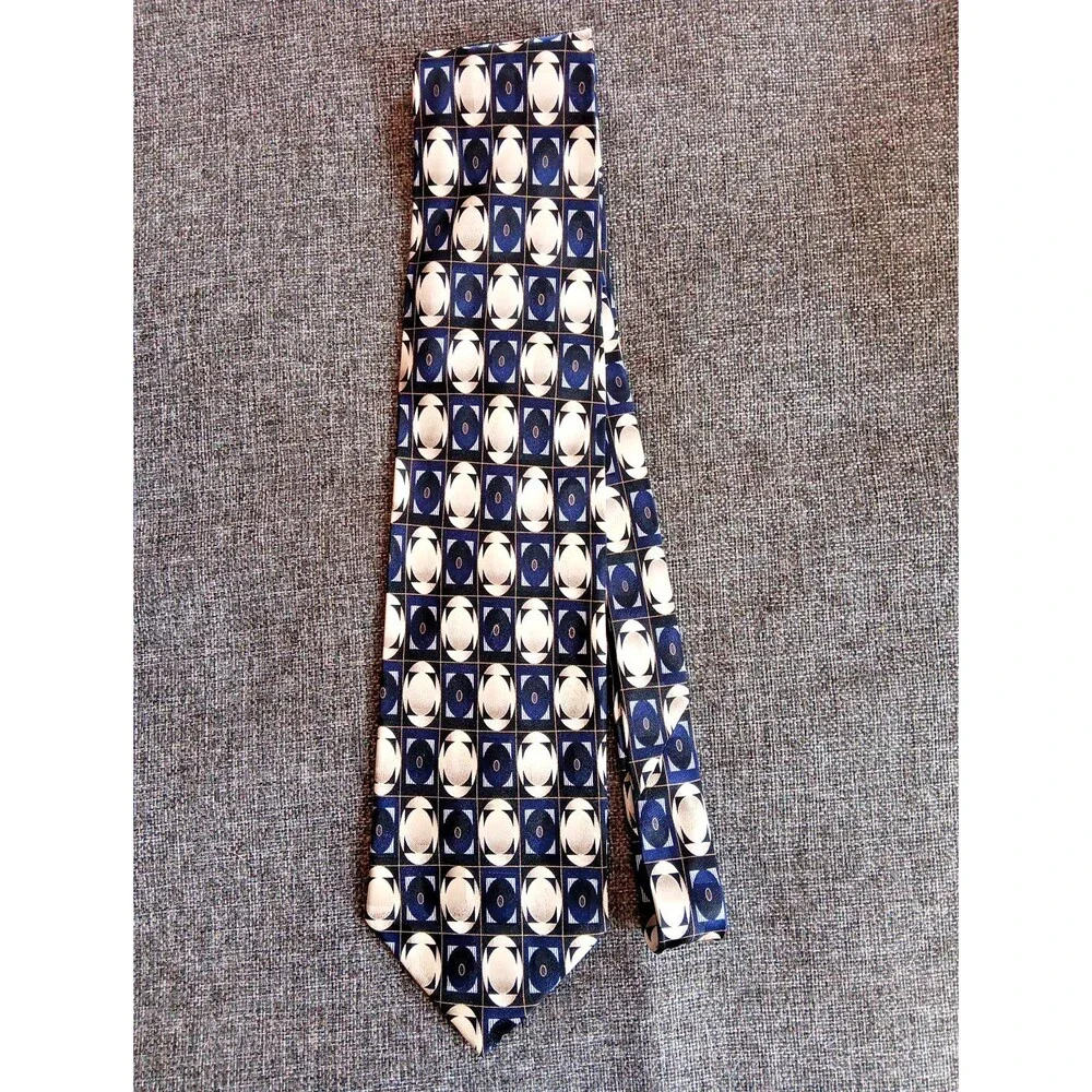 Tie 70s 80s 90s Y2K Mens Di Moggio Silk Beige Navy 4 Wide 66 Long